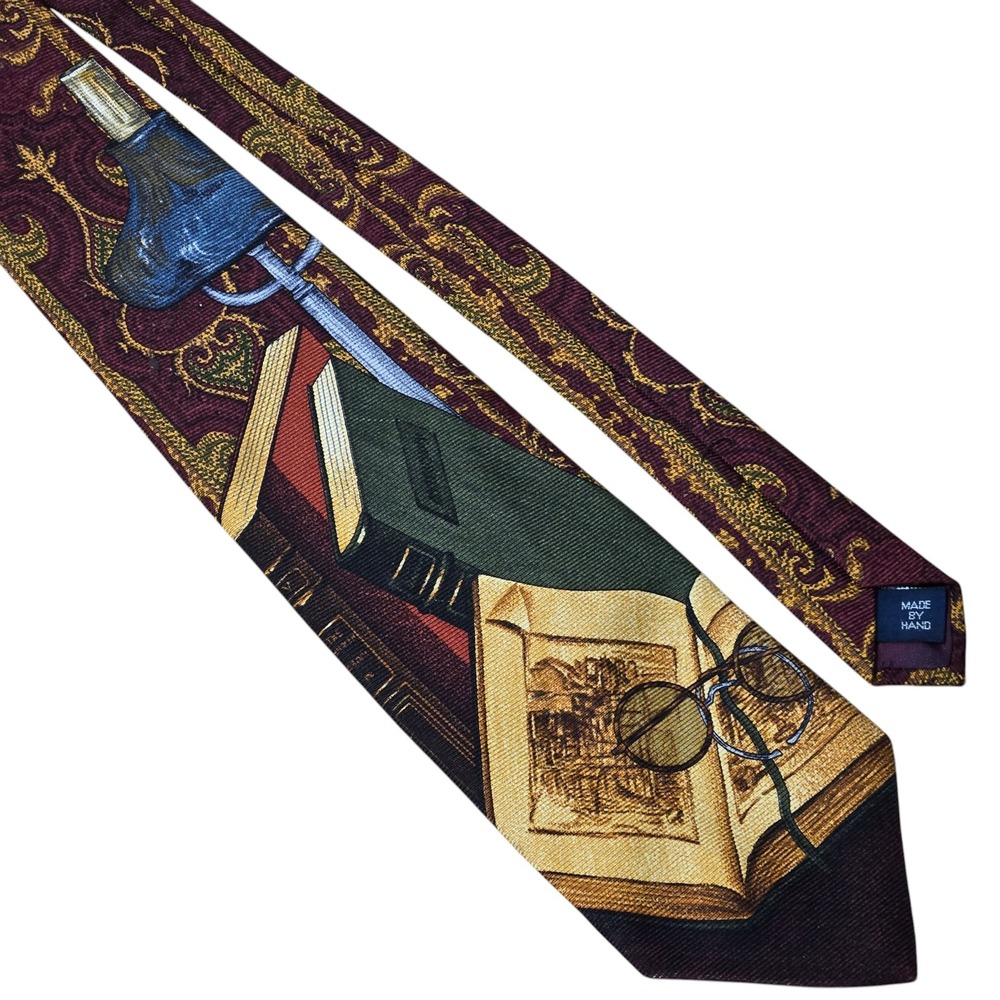 Polo Ralph Lauren Necktie Mens Library Books Glasses Ornate Print Silk Hand Made